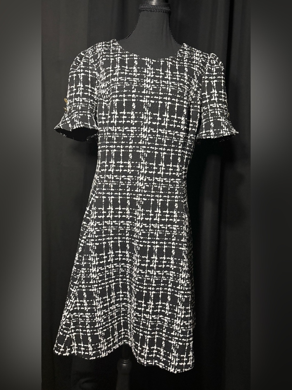 DKNY 14 Black Ivory Tweed Textured Fit Flare Dress Gold Button Flounce Sleeve